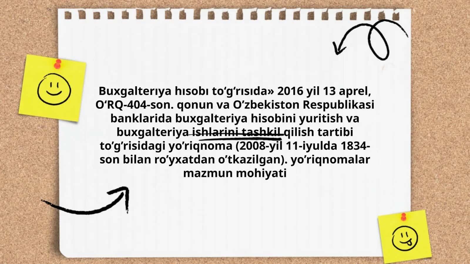 Buxgalterıya hısobı to‘g‘rısıda» 2016 yil 13 aprel, O‘RQ-404-son. qonun va O’zbekiston Respublikasi banklarida buxgalteriya hisobini yuritish va buxgalteriya ishlarini tashkil qilish tartibi to’g’risidagi yo’riqnoma (2008-yil 11-iyulda 1834-son bilan ro’yxatdan o’tkazilgan). yo’riqnomalar mazmun mohiyati 1