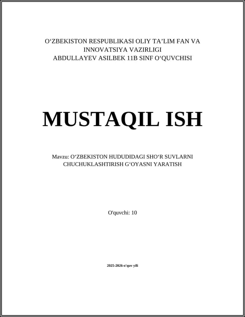 Oʻzbekiston hududidagi shoʻr suvlarni chuchuklashtirish Gʻoyasini Yaratish 1