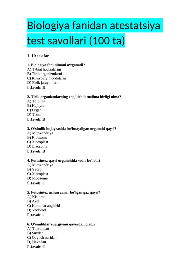 Biologiya fanidan atestatsiya test savollari (100 ta) 1