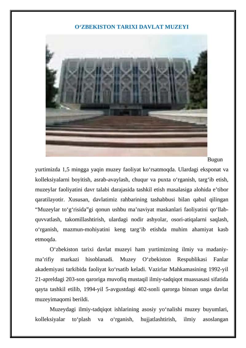 O‘ZBEKISTON TARIXI DAVLAT MUZEYI 1