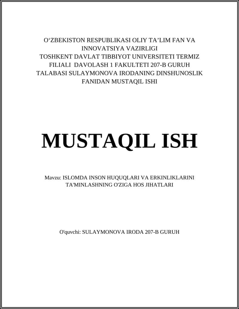 ISLOMDA INSON HUQUQLARI VA ERKINLIKLARINI TA'MINLASHNING O'ZIGA HOS JIHATLARI 1