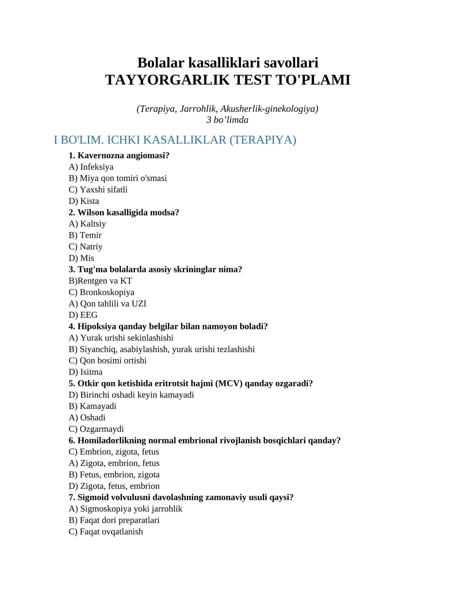 Bolalar kasalliklari savollari 1