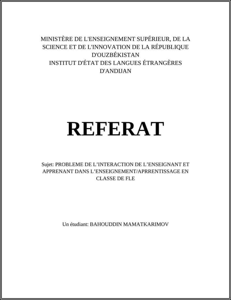 PROBLEME DE L’INTERACTION DE L’ENSEIGNANT ET APPRENANT DANS L’ENSEIGNEMENT/APRENNTISSAGE EN CLASSE DE FLE 1