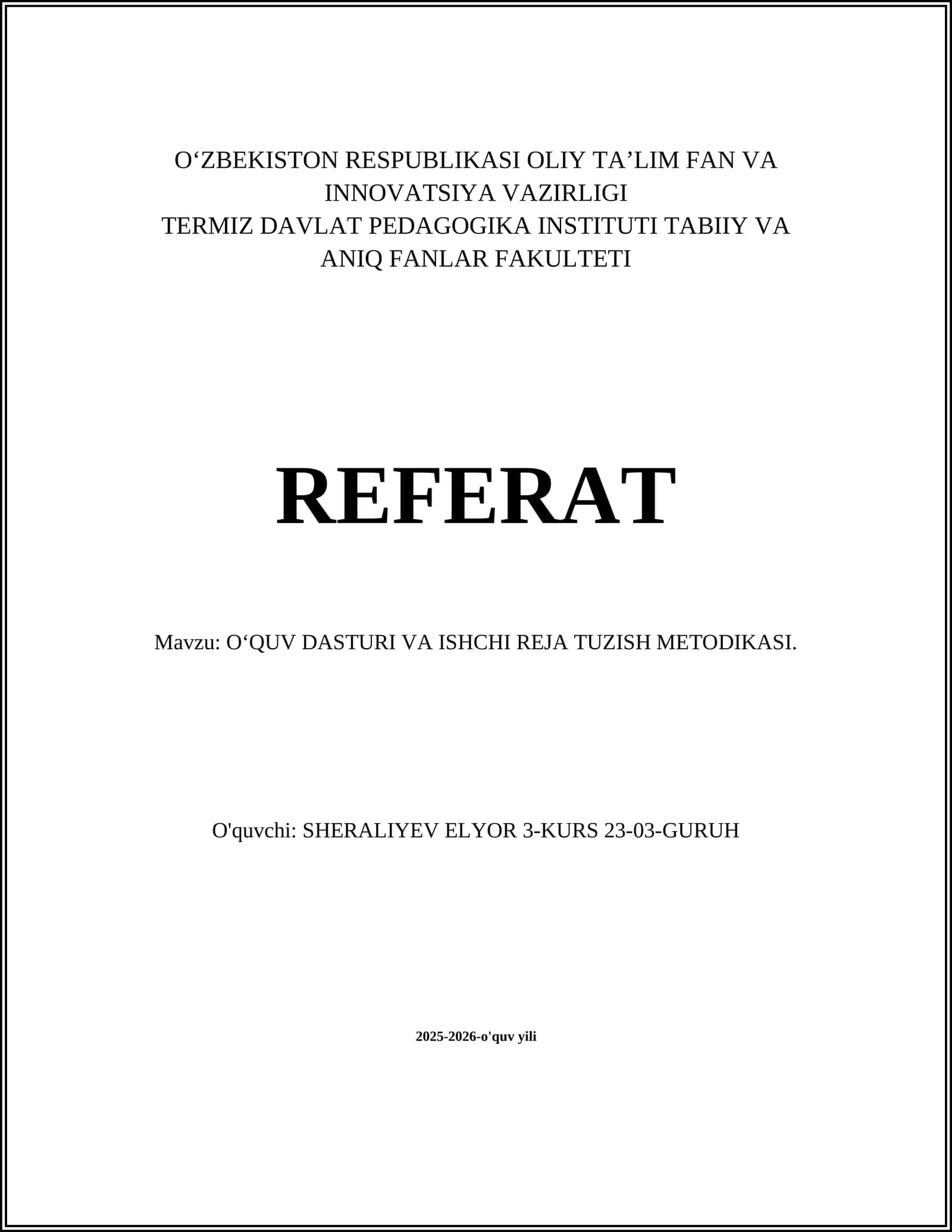O‘QUV DASTURI VA ISHCHI REJA TUZISH METODIKASI 1