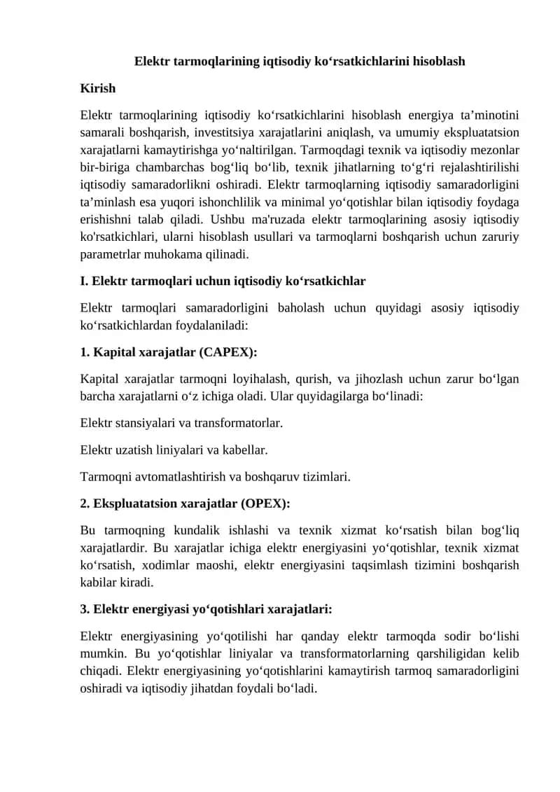 Elektr tarmoqlarining iqtisodiy ko‘rsatkichlarini hisoblash 1