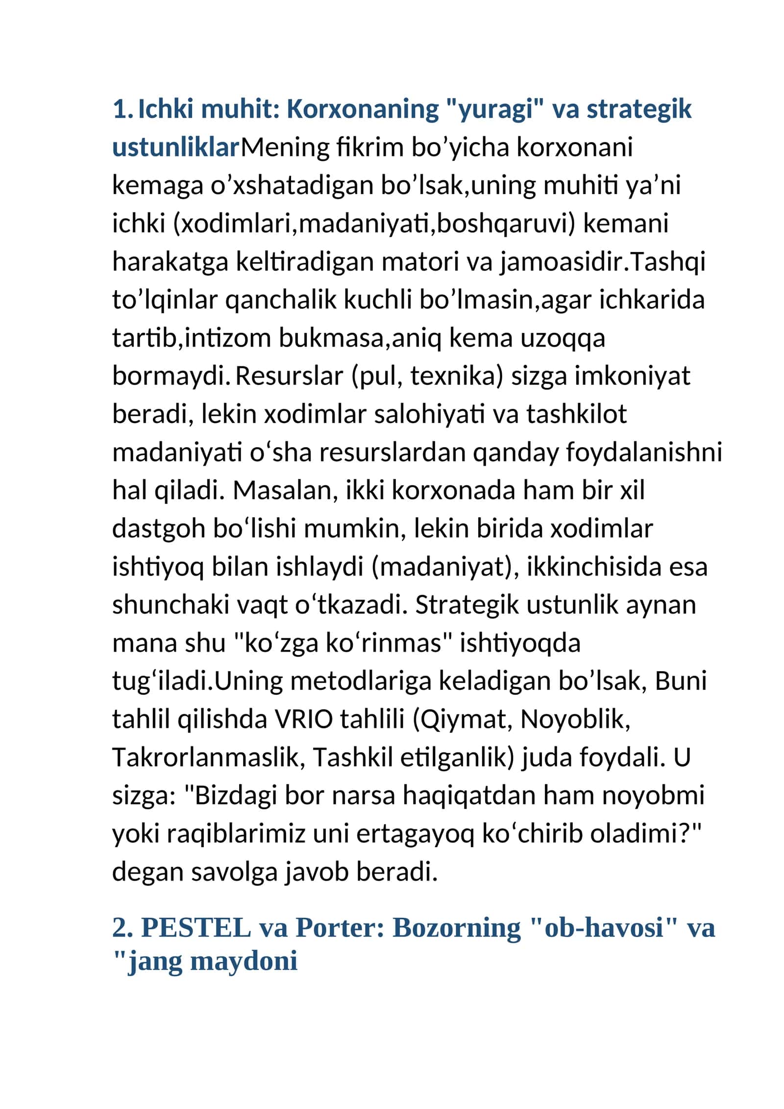 Ichki muhit: Korxonaning "yuragi" va strategik ustunliklar 1