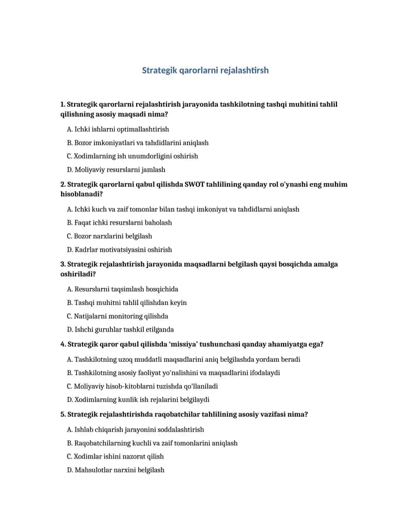 Strategik qarorlarni rejalashtirish TEST 1
