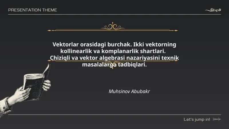 Vektorlar orasidagi burchak. Ikki vektorning kollinearlik va komplanarlik shartlari. Chiziqli va vektor algebrasi nazariyasini texnik masalalarga tadbiqlari. 1
