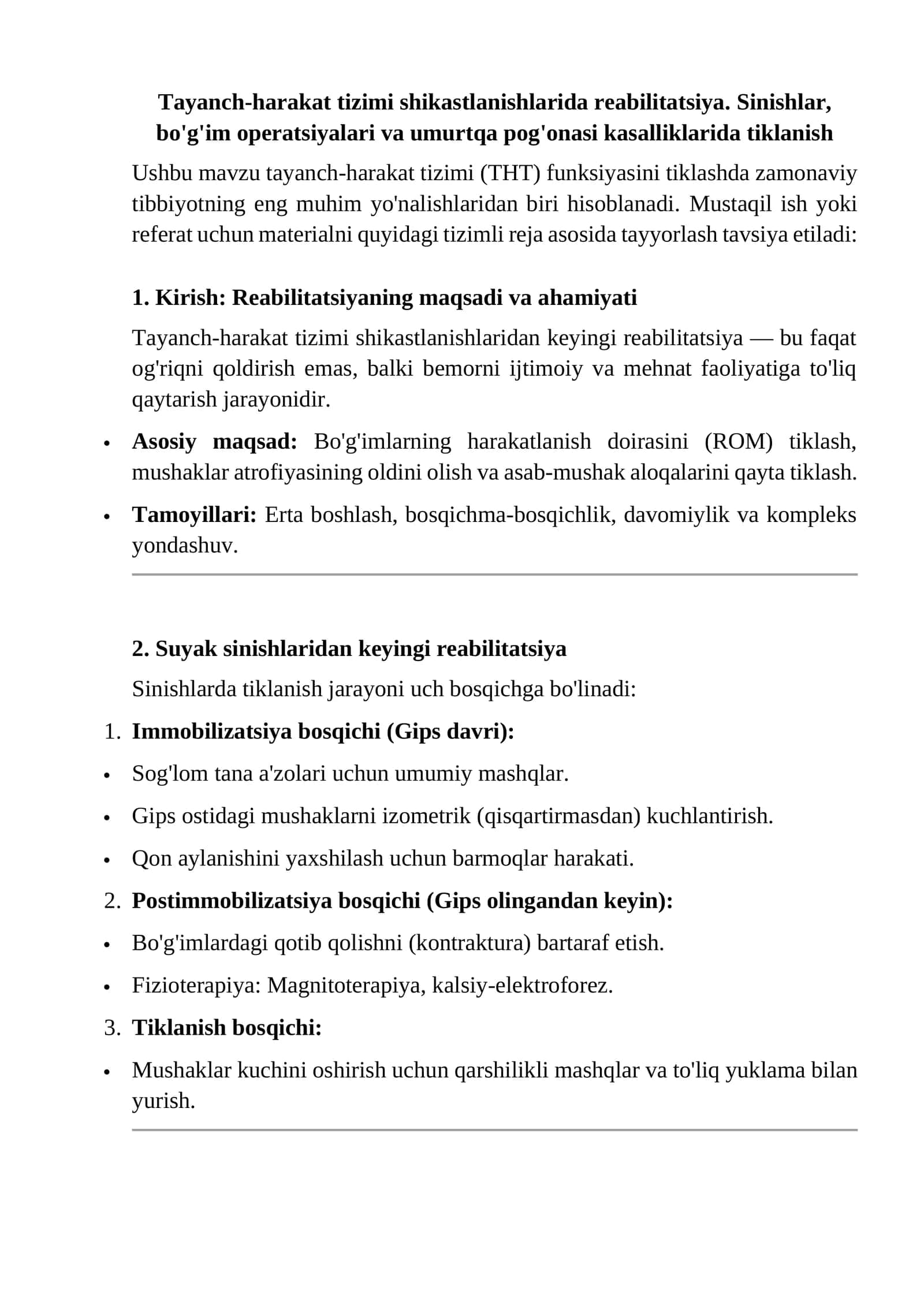 Tayanch-harakat tizimi shikastlanishlarida reabilitatsiya. Sinishlar, bo'g'im operatsiyalari va umurtqa pog'onasi kasalliklarida tiklanish 1