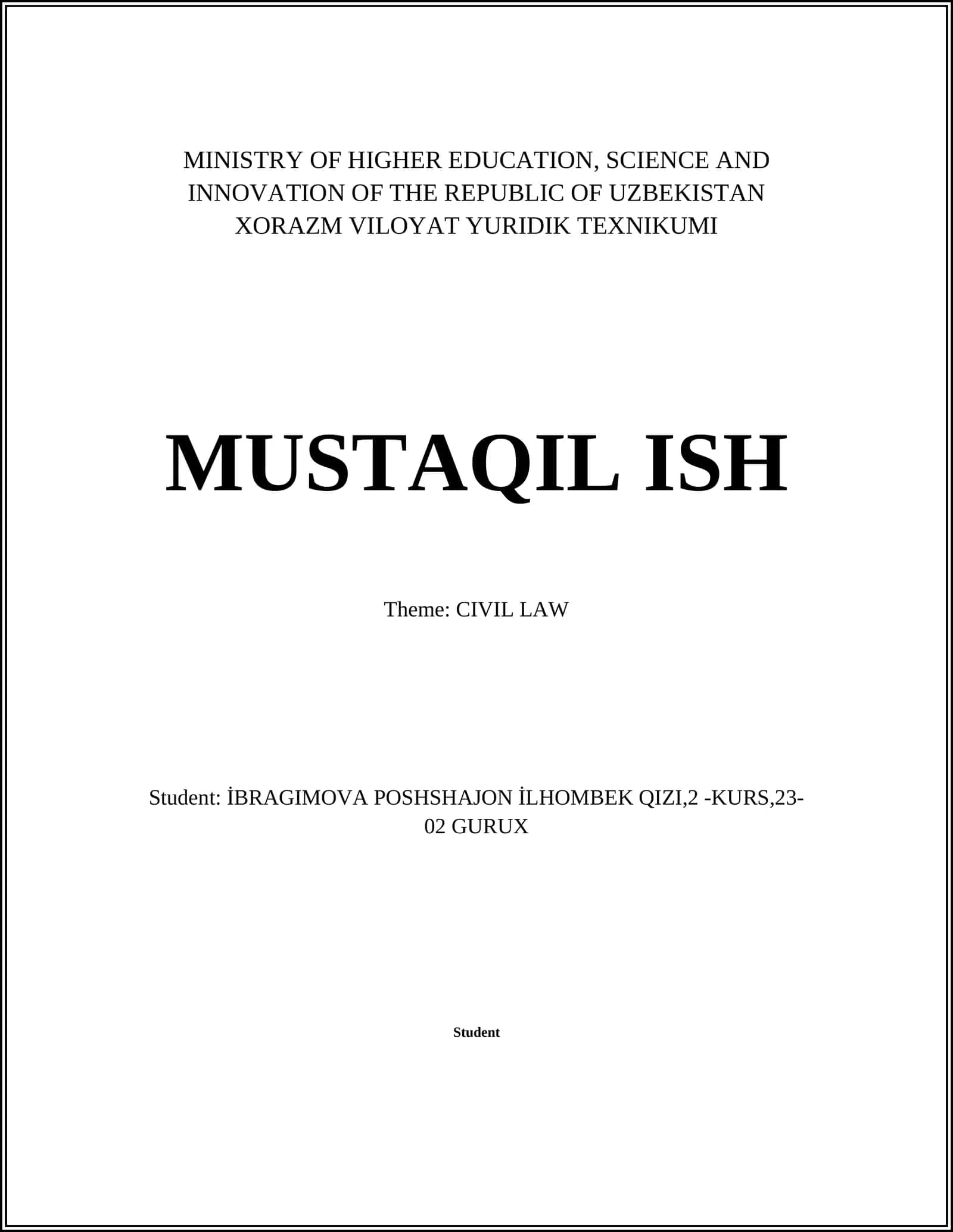 XORAZM VILOYAT YURIDIK TEXNIKUMI MUSTAQIL ISH 1