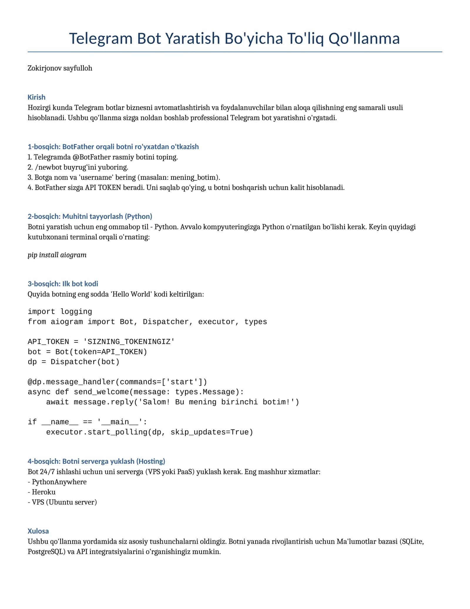 Telegram Bot yaratish: Noldan professional darajagacha (To'liq qo'llanma) 1