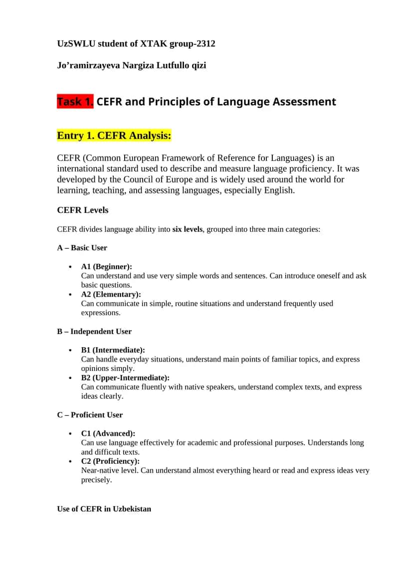 CEFR (Common European Framework of Reference for Languages) 1
