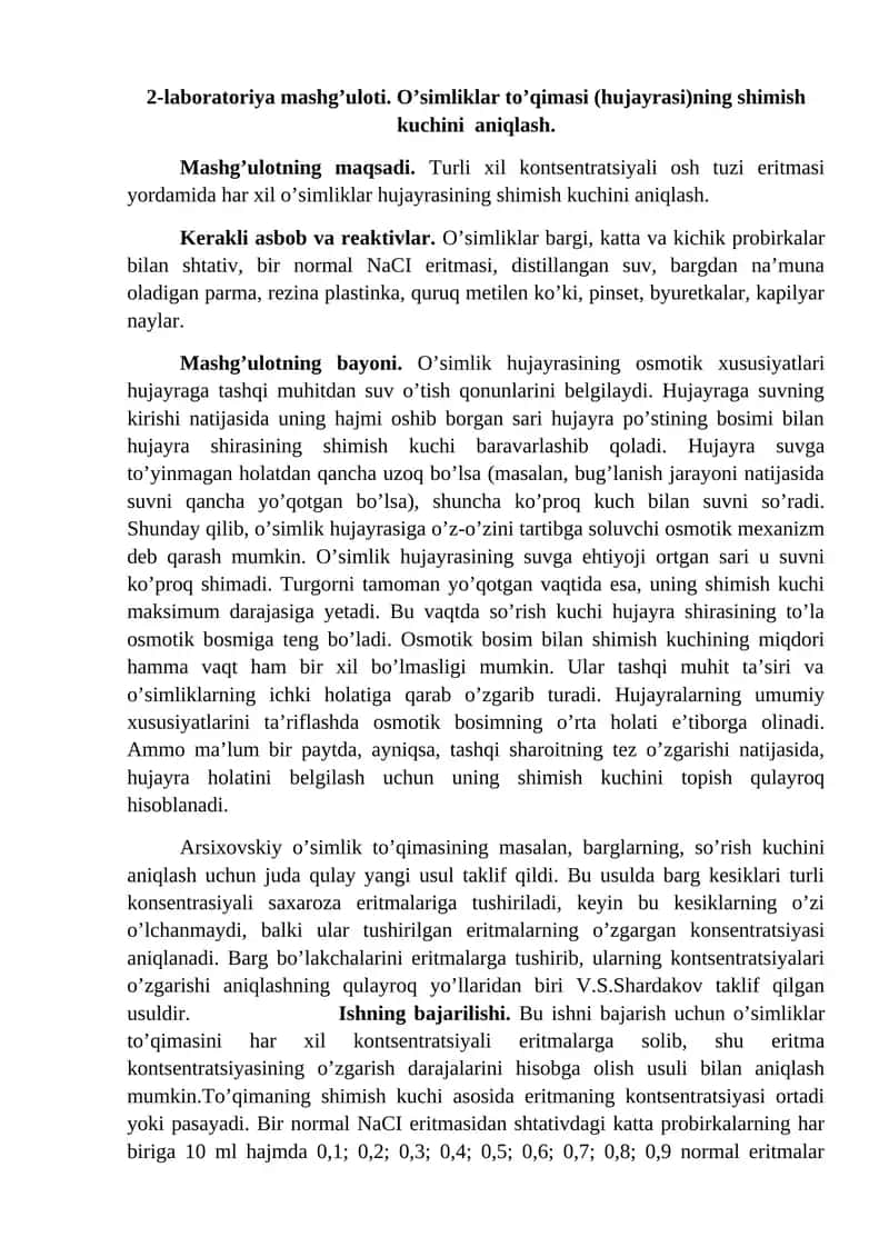 O’simliklar to’qimasi (hujayrasi)ning shimish kuchini aniqlash 1