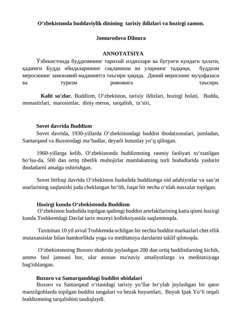Oʻzbekistonda buddaviylik dinining tarixiy ildizlari va hozirgi zamon 1