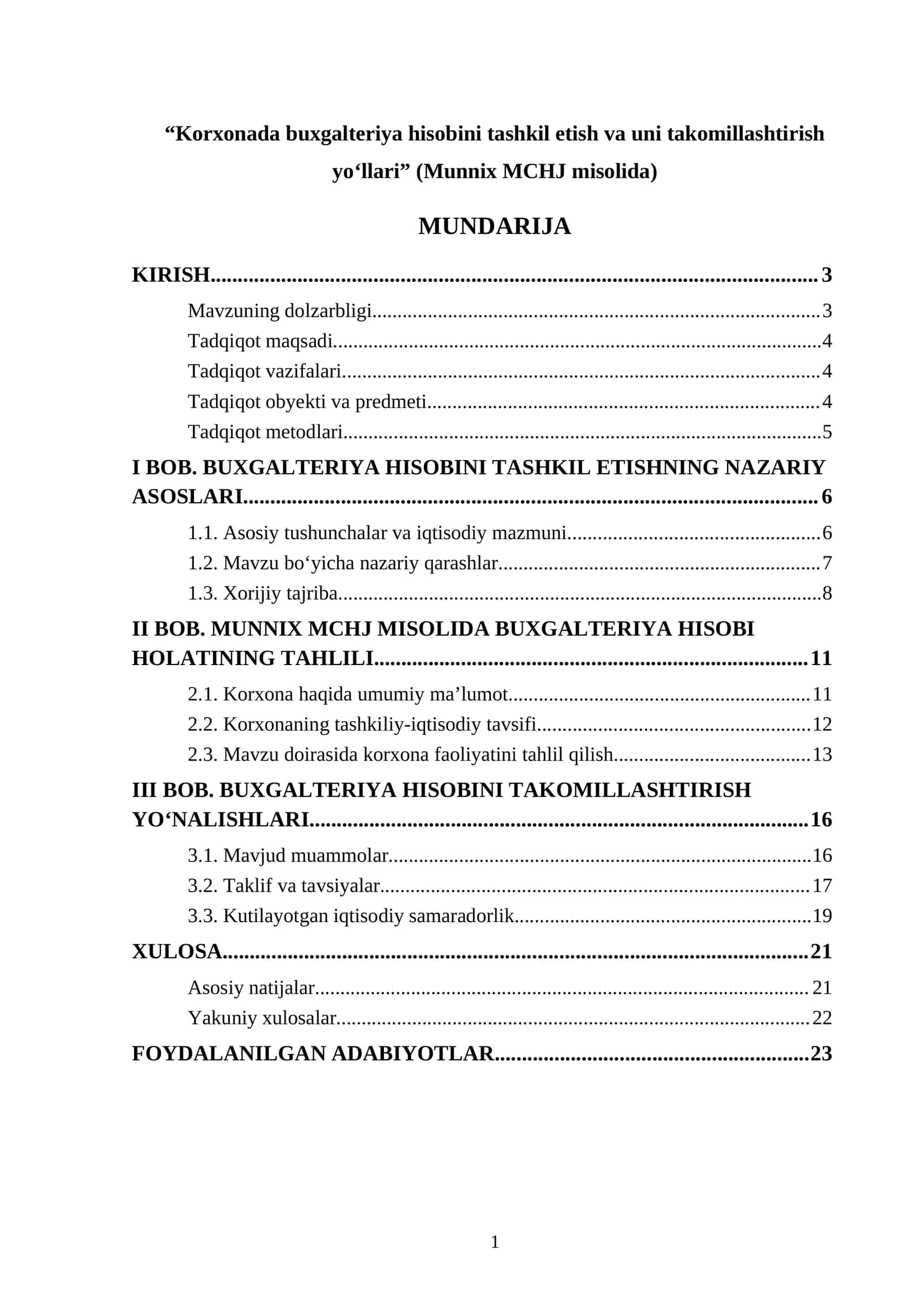 "Korxonada buxgalteriya hisobini tashkil etish va uni takomillashtirish yo‘llari" (Munnix MCHJ misolida) 1