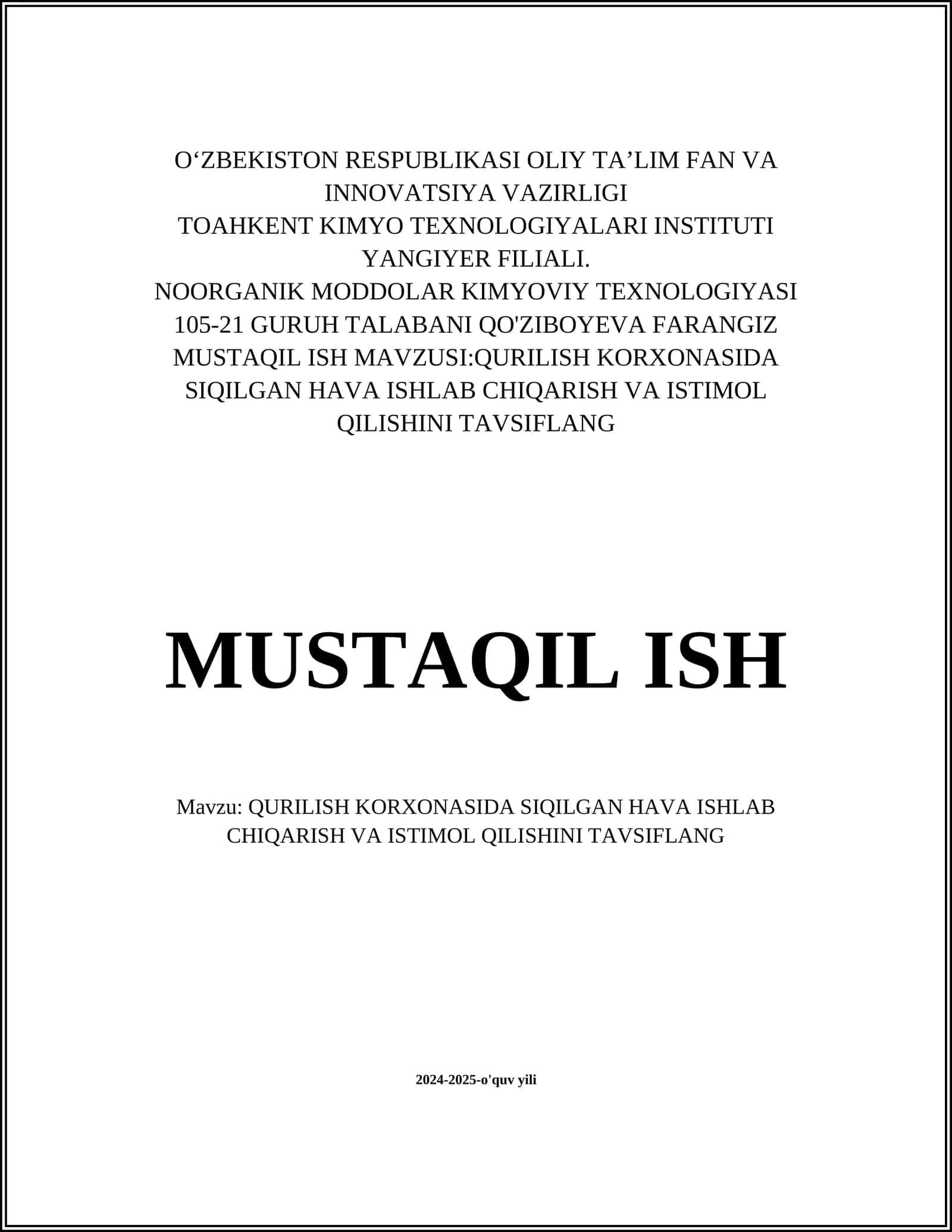 QURILISH KORXONASIDA SIQILGAN HAVA ISHLAB CHIQARISH VA ISTIMOL QILISHINI TAVSIFLANG 1