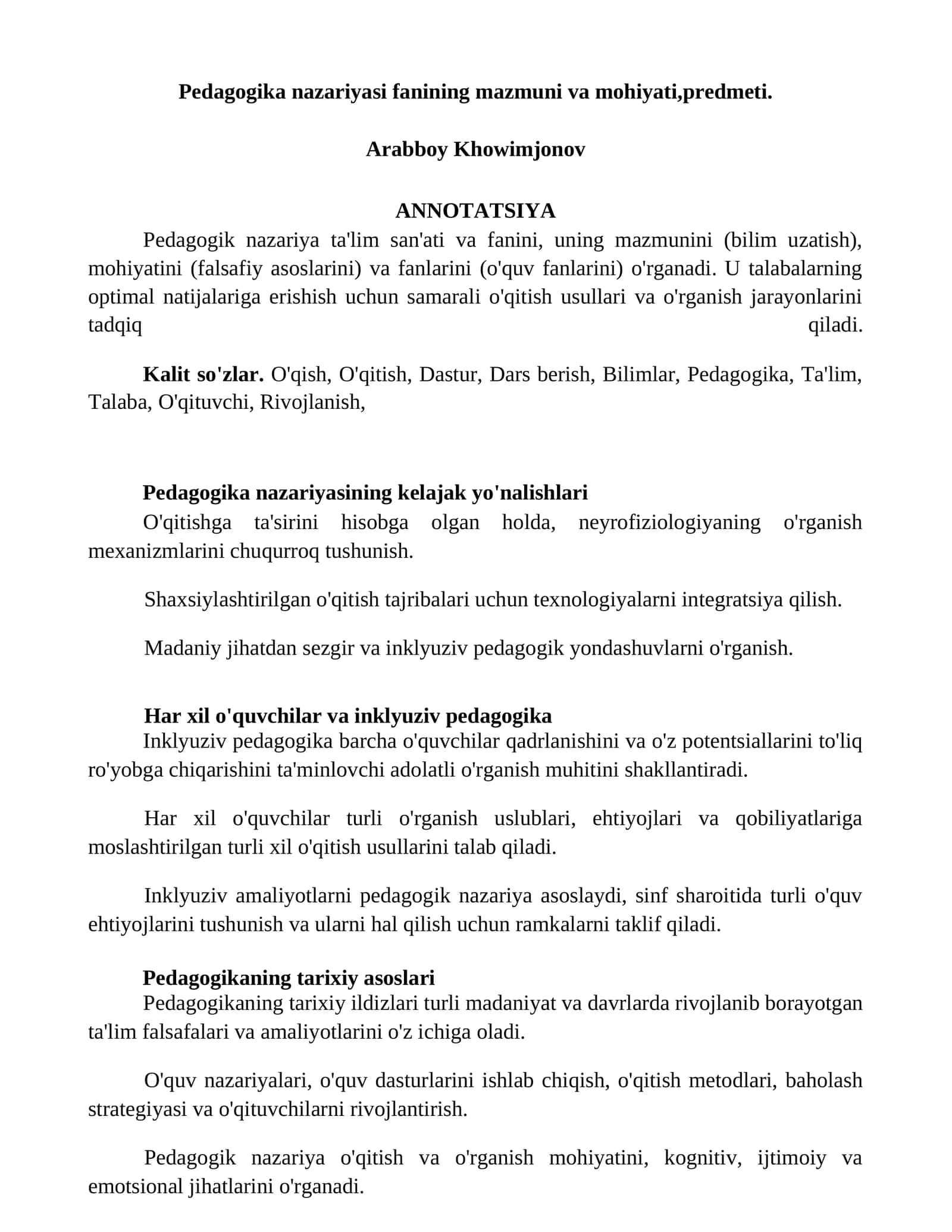 Pedagogika nazariyasi fanining mazmuni va mohiyati,predmeti 1