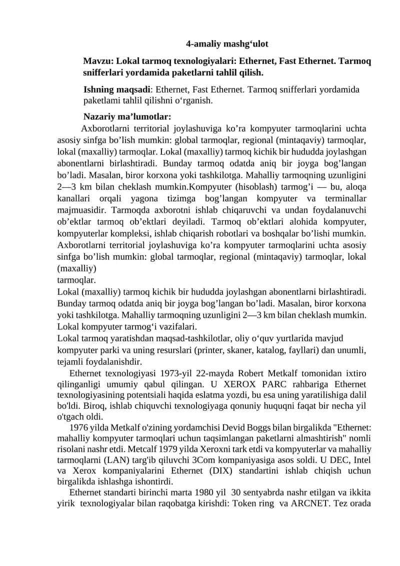 Lokal tarmoq texnologiyalari: Ethernet, Fast Ethernet 1