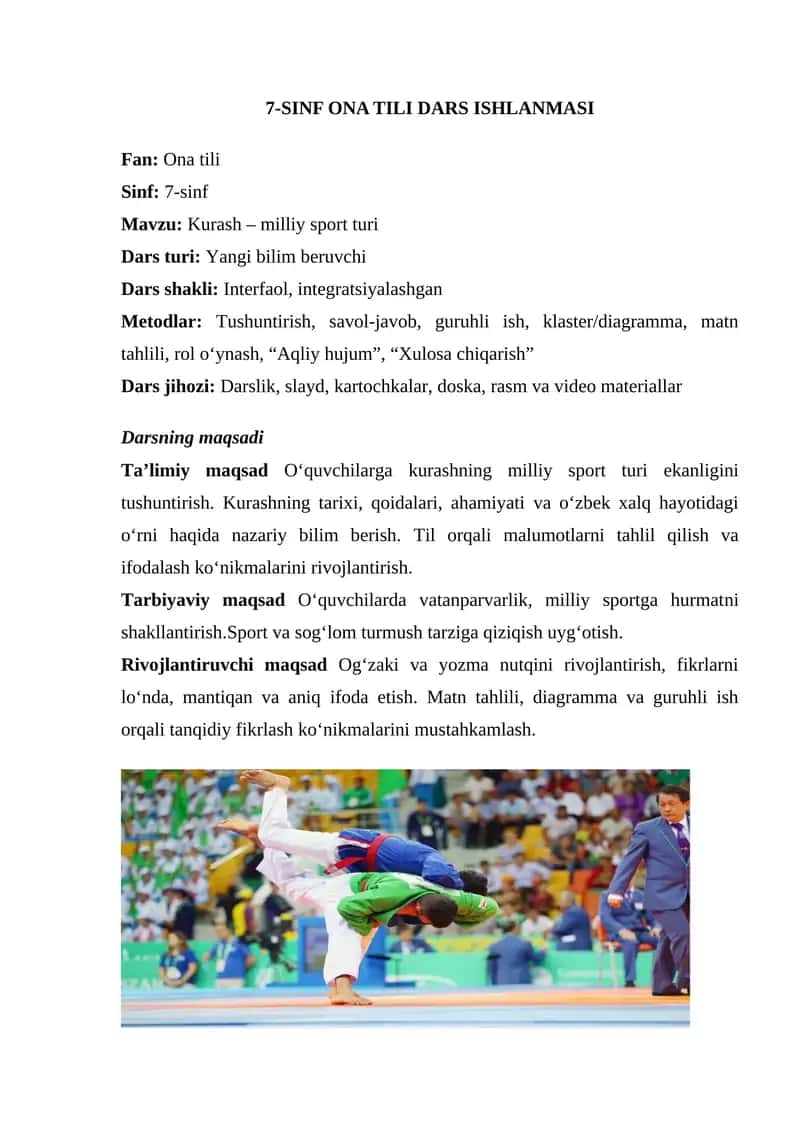 Kurash – milliy sport turi ona tili 7-SINF ONA TILI DARS ISHLANMASI 1