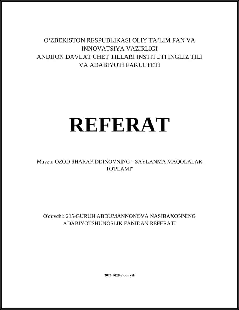 OZOD SHARAFIDDINOVNING " SAYLANMA MAQOLALAR TO'PLAMI" 1