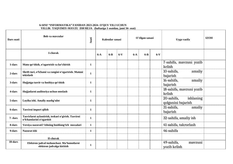 6-SINF “INFORMATIKA” FANIDAN 2023-2024- O’QUV YILI UCHUN YILLIK TAQVIMIY- MAVZU ISH REJA 1