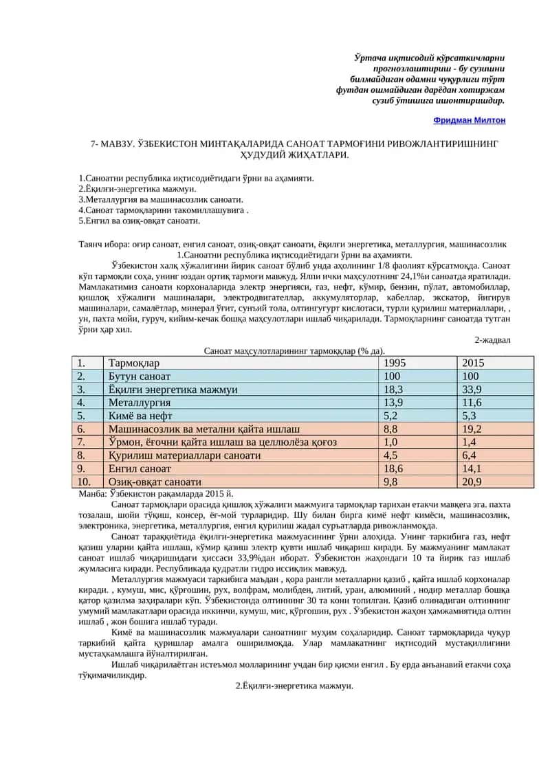 Сaнoaтни рeспубликa иқтисодиётидaги ўрни вa аҳамияти 1