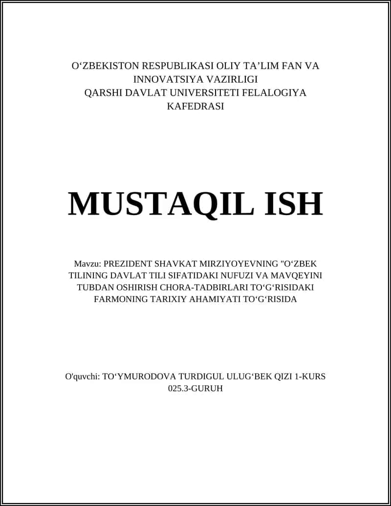 PREZIDENT SHAVKAT MIRZIYOYEVNING "OʻZBEK TILINING DAVLAT TILI SIFATIDAKI NUFUZI VA MAVQEYINI TUBDAN OSHIRISH CHORA-TADBIRLARI TOʻGʻRISIDAKI FARMONING TARIXIY AHAMIYATI TOʻGʻRISIDA" 1