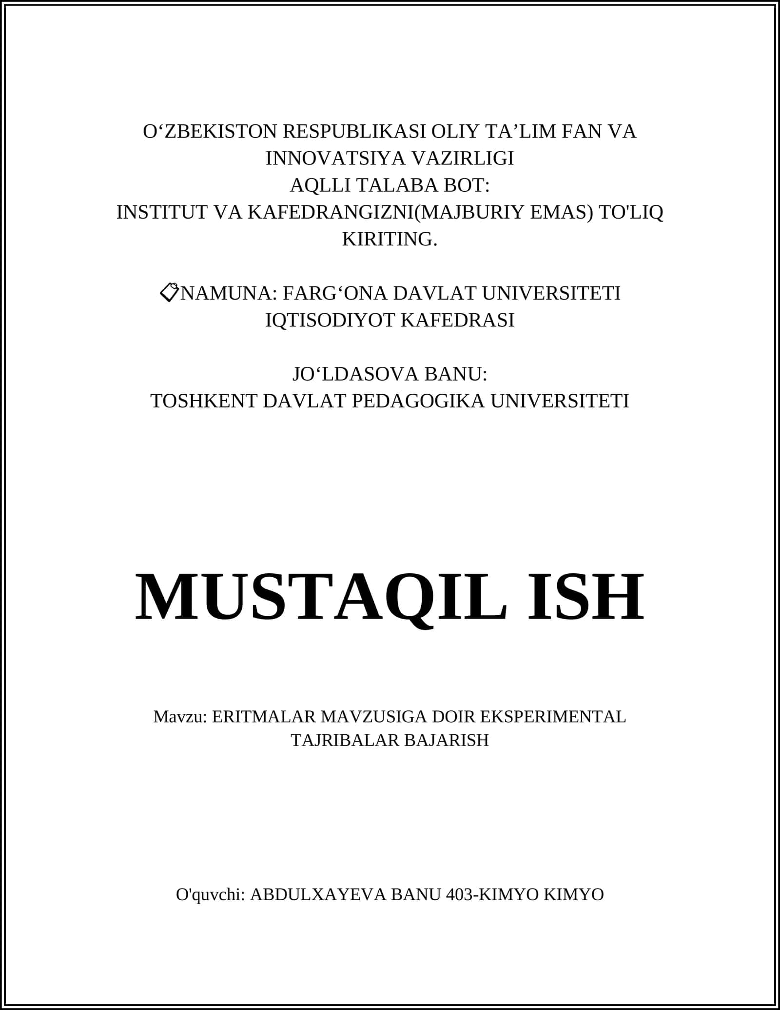 Mavzu: Eritmalar mavzusiga doir eksperimental tajribalar bajarish 1