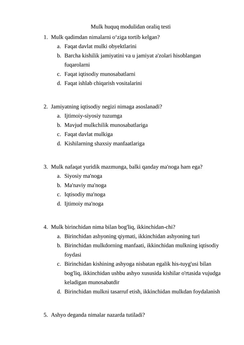 Mulk huquq modulidan oraliq testi 1