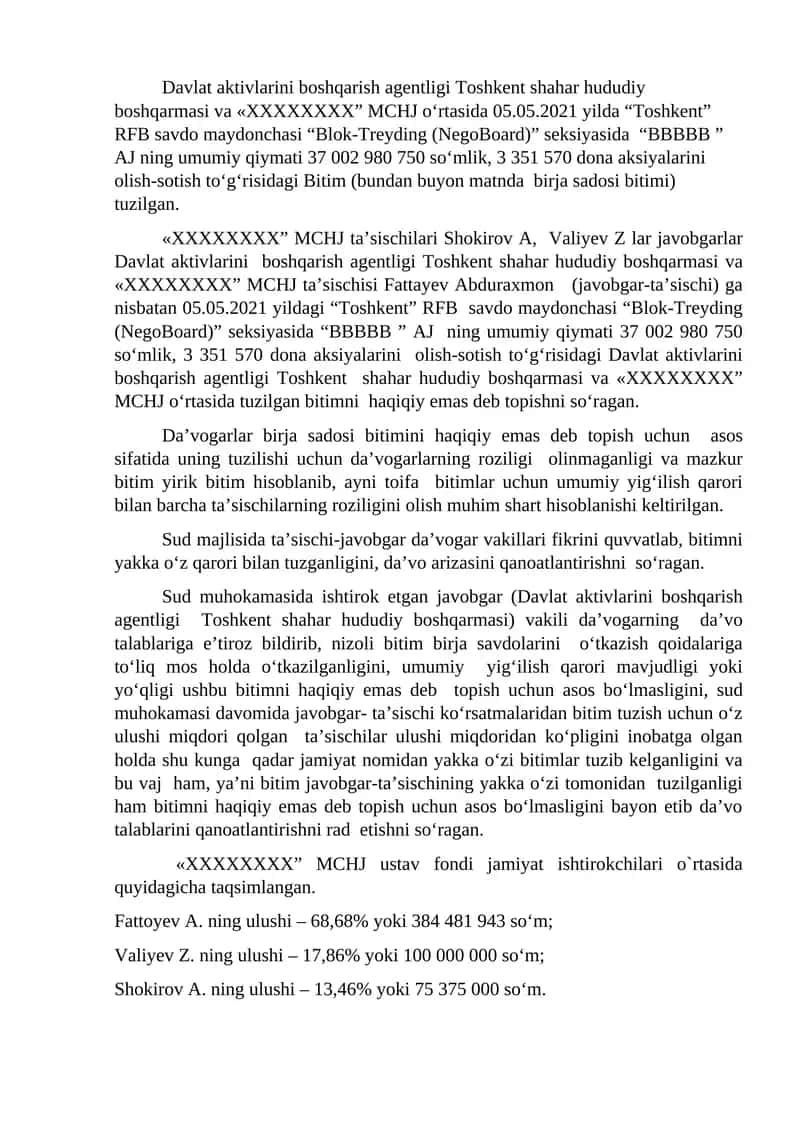 Birja sadosi bitimini haqiqiy emas deb topish 1