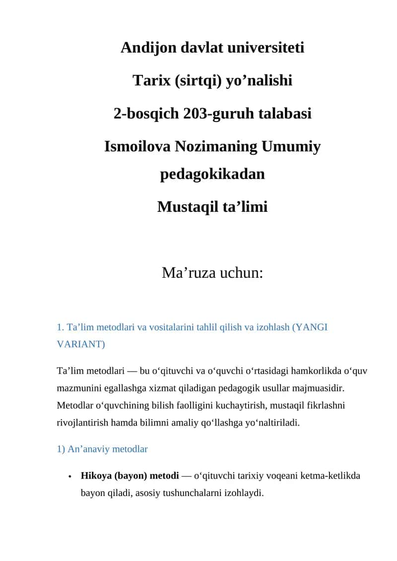 Ta'lim metodlari va vositalarini tahlil qilish va izohlash (YANGI VARIANT) 1