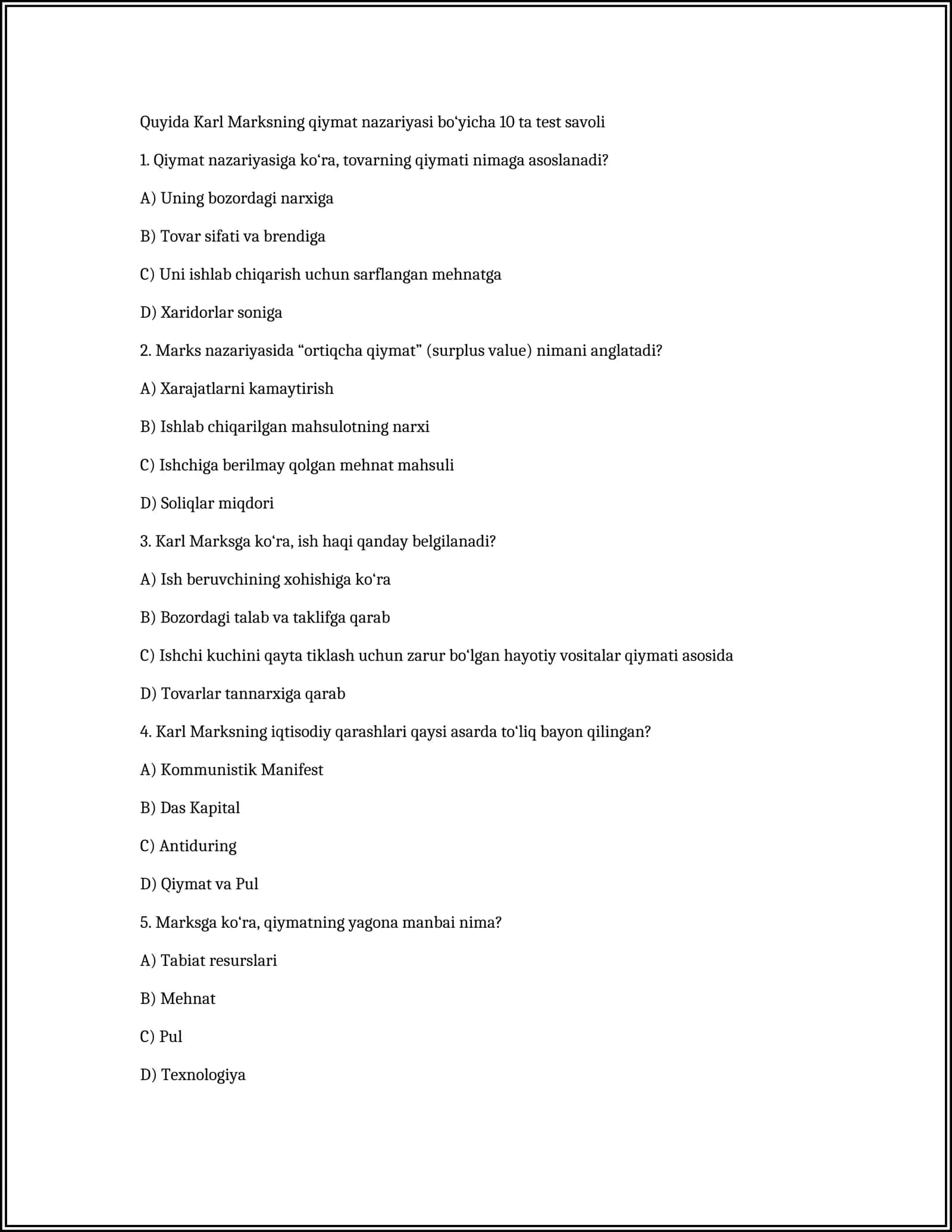 Karl Marksning qiymat nazariyasi bo‘yicha 10 ta test savoli 1