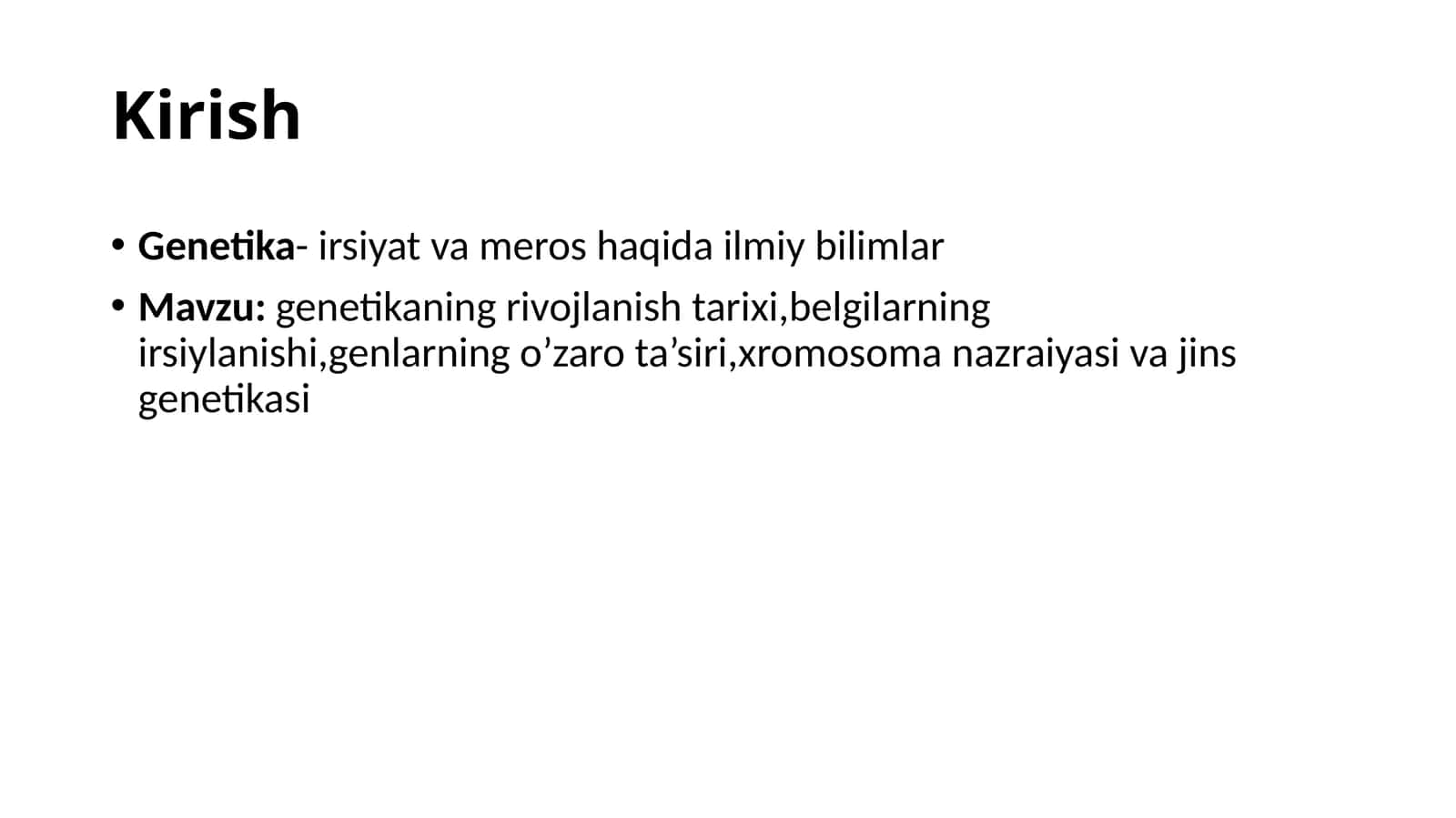 genetikaning rivojlanish tarixi, belgilarning irsiylanishi, genlarning o’zaro ta’siri, xromosoma nazariyasi va jins genetikasi 1