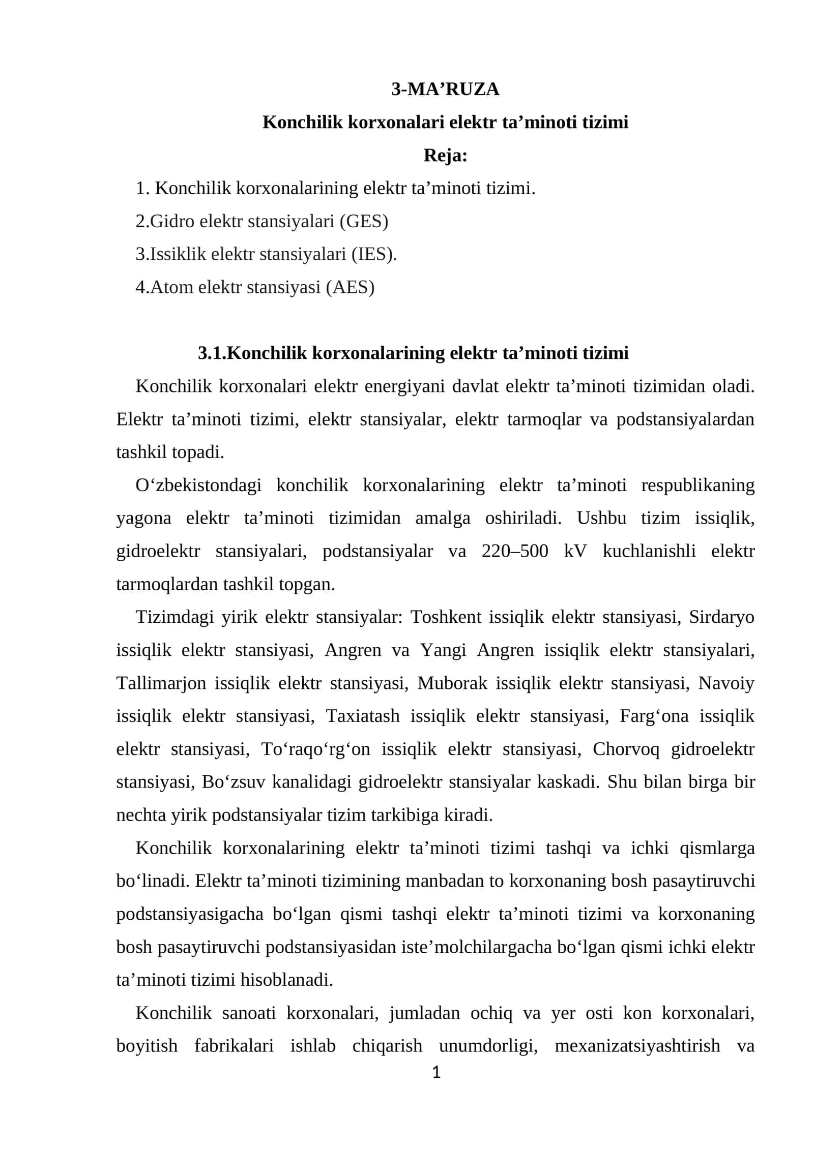Konchilik korxonalari elektr ta’minoti tizimi 1