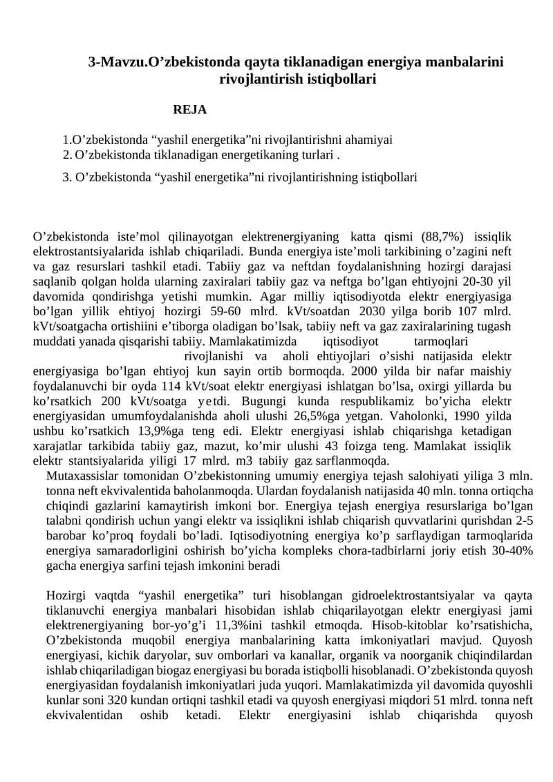 O'zbekistonda tiklanadigan energiya manbalarini rivojlantirish istiqbollari 1