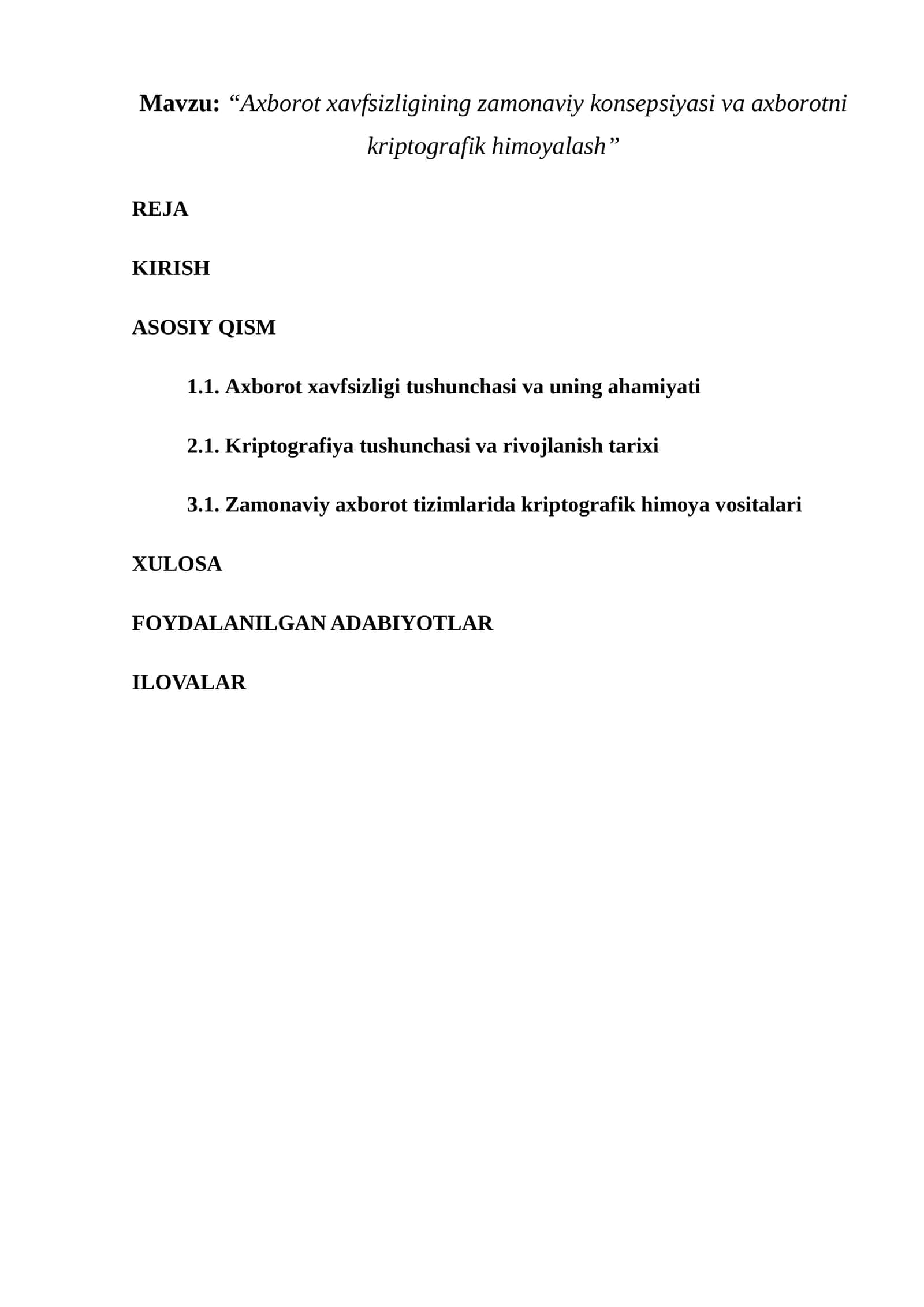 Axborot xavfsizligining zamonaviy konsepsiyasi va axborotni kriptografik himoyalash 1