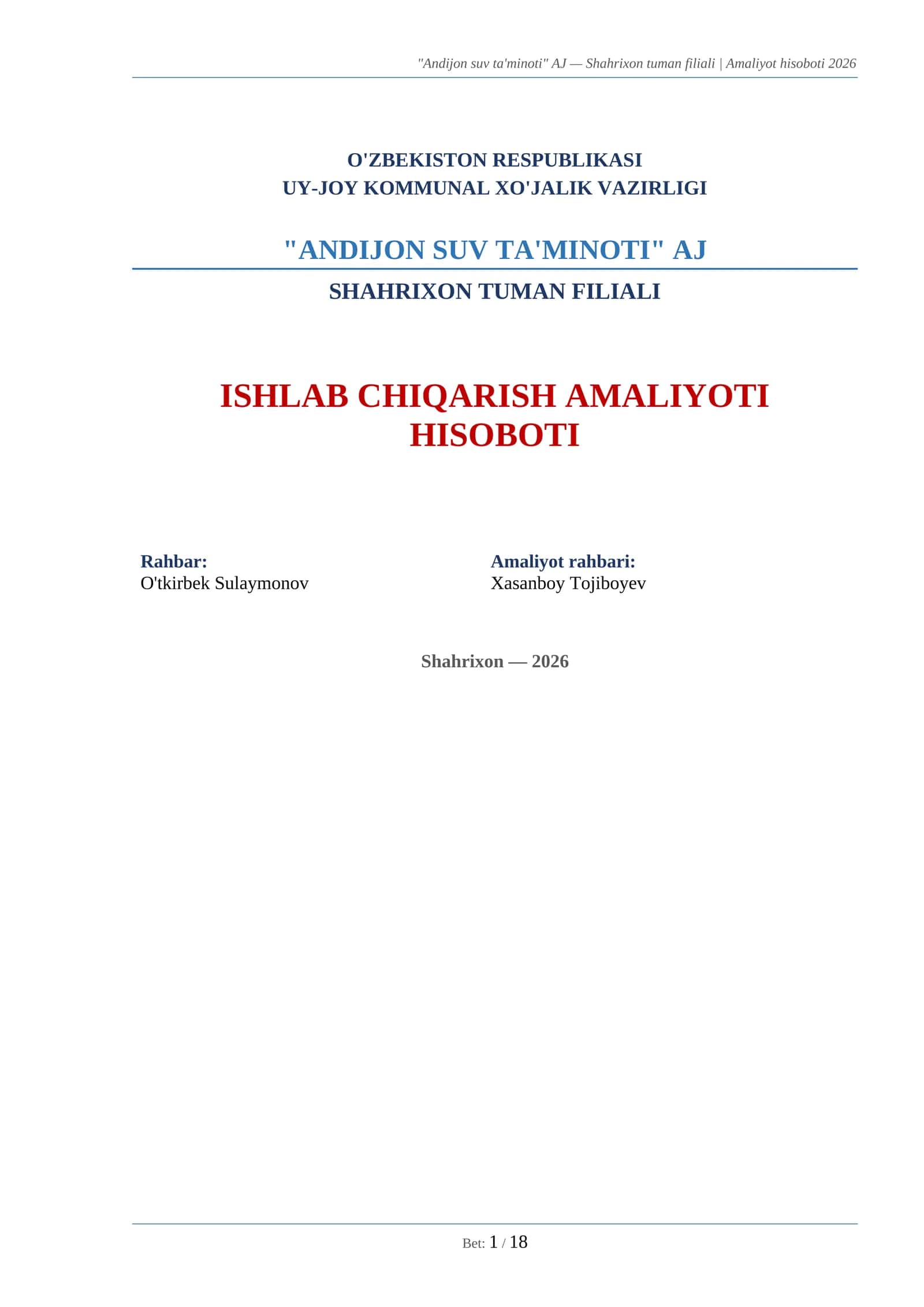 ISHLAB CHIQARISH AMALIYOTI HISOBOTI 1