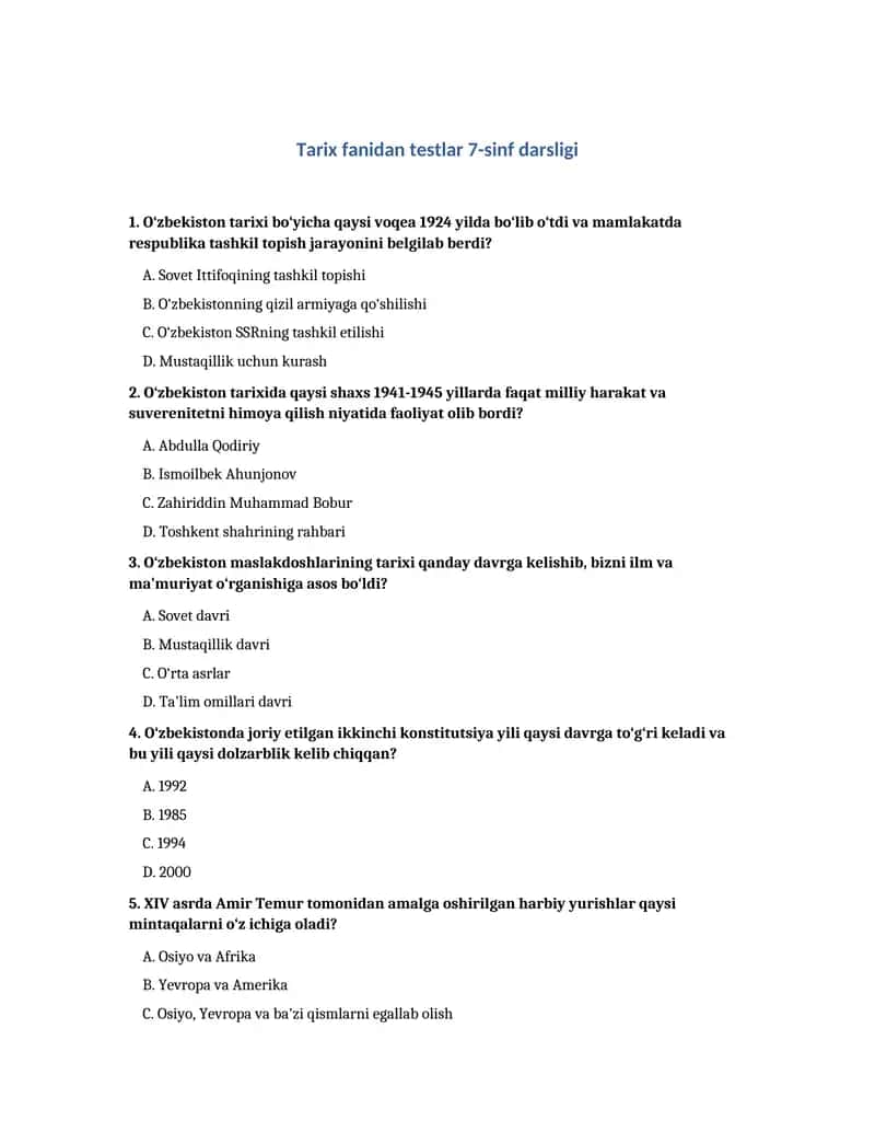 Tarix fanidan testlar 7-sinf darsligi 1