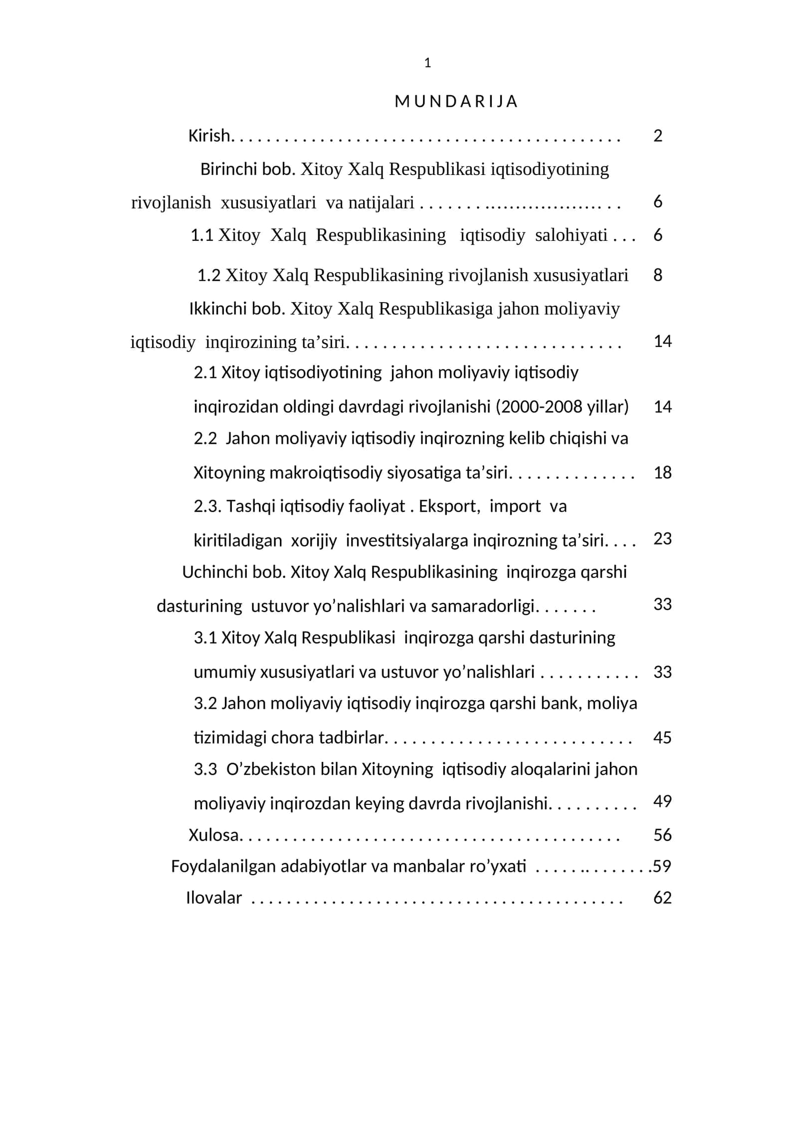 Xitoy Xalq Respublikasi iqtisodiyotining rivojlanish xususiyatlari va natijalari 1