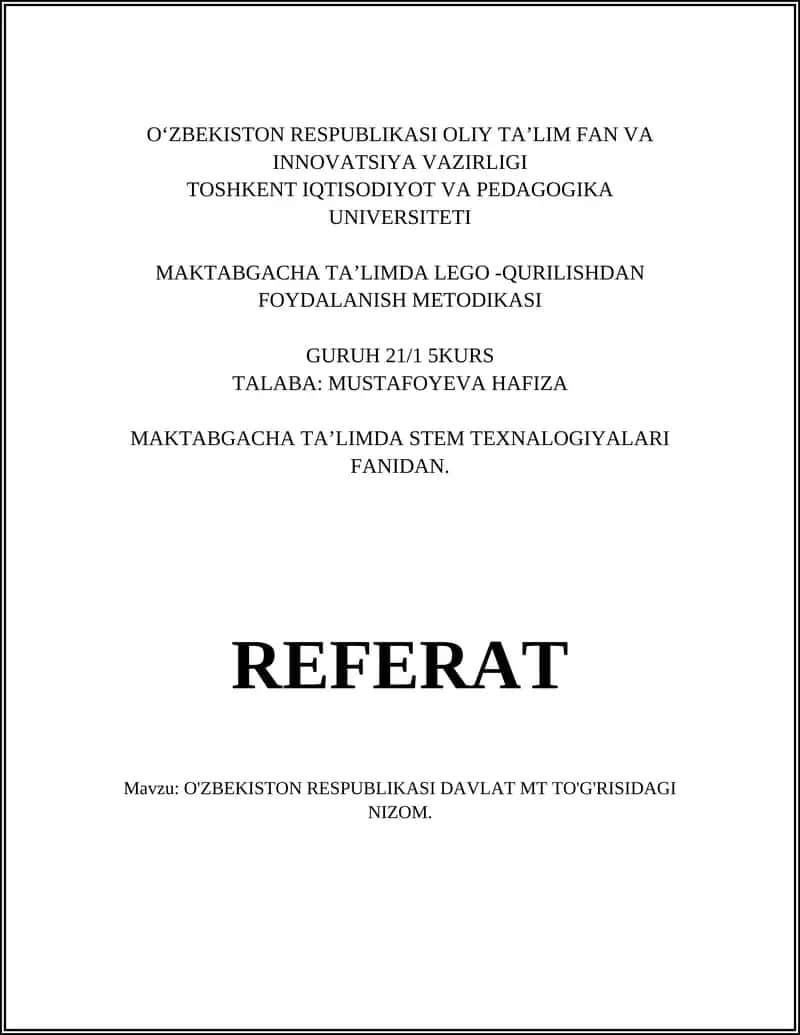 O'ZBEKISTON RESPUBLIKASI DAVLAT MT TO'G'RISIDAGI NIZOM 1