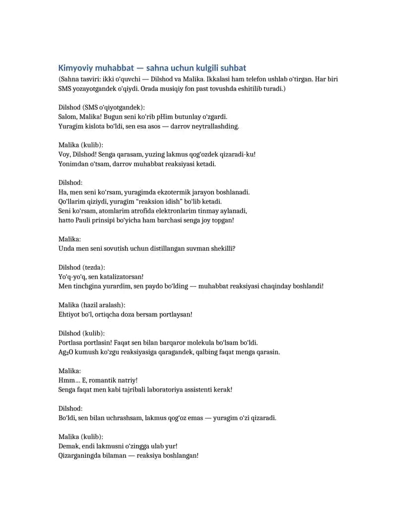 Kimyoviy muhabbat — sahna uchun kulgili suhbat 1