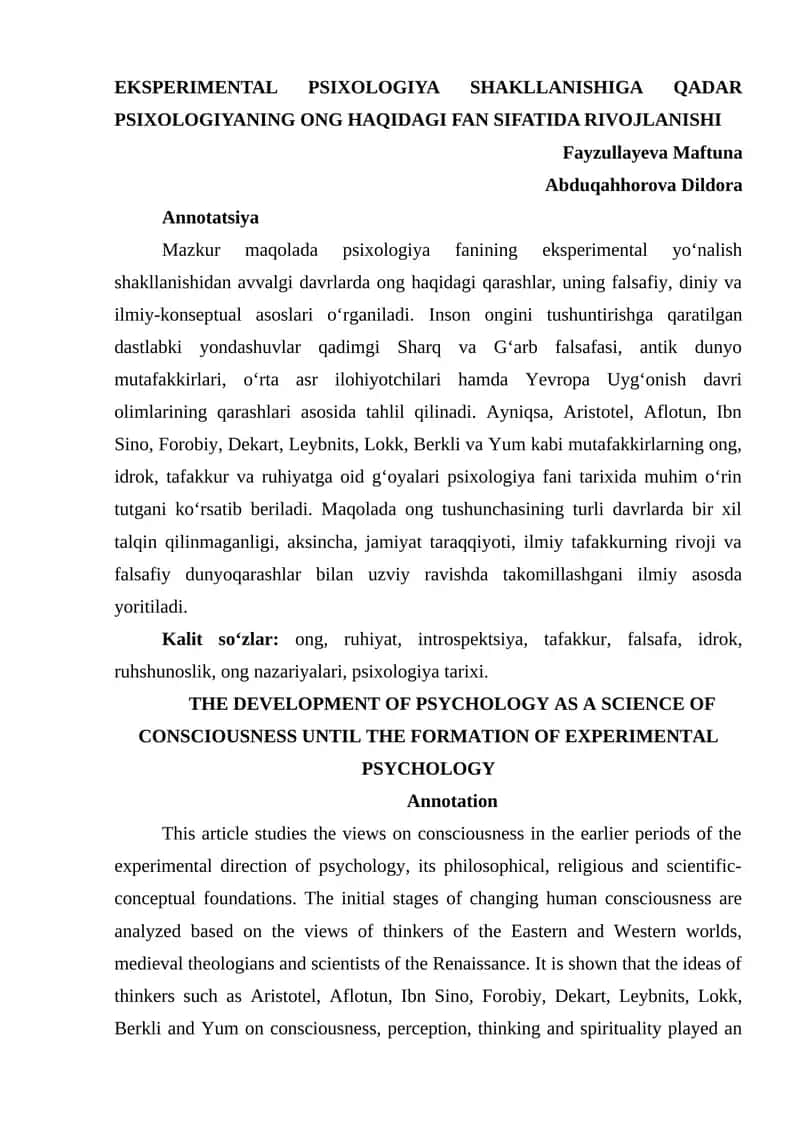 EKSPERIMENTAL PSIXOLOGIYA SHAKLLANISHIGA QADAR PSIXOLOGIYANING ONG HAQIDAGI FAN SIFATIDA RIVOJLANISHI 1