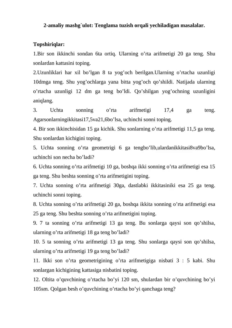2-amaliy mashg`ulot: Tenglama tuzish orqali yechiladigan masalalar 1
