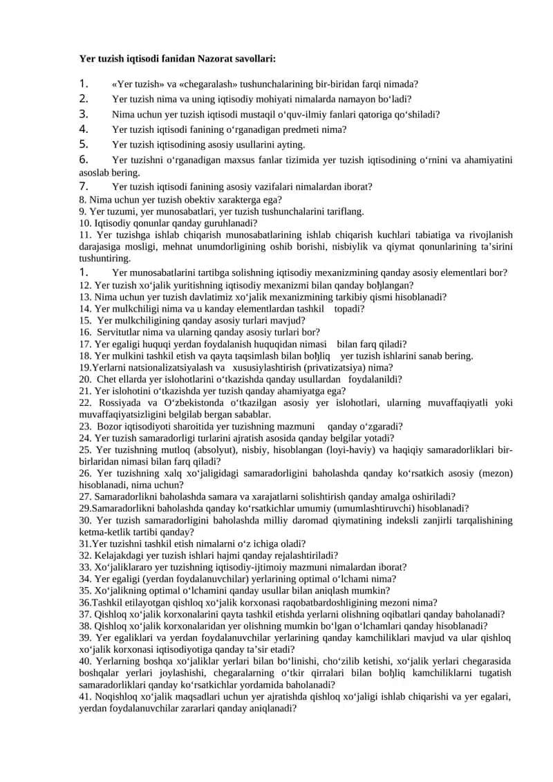 Yer tuzish iqtisodi fanidan Nazorat savollari 1