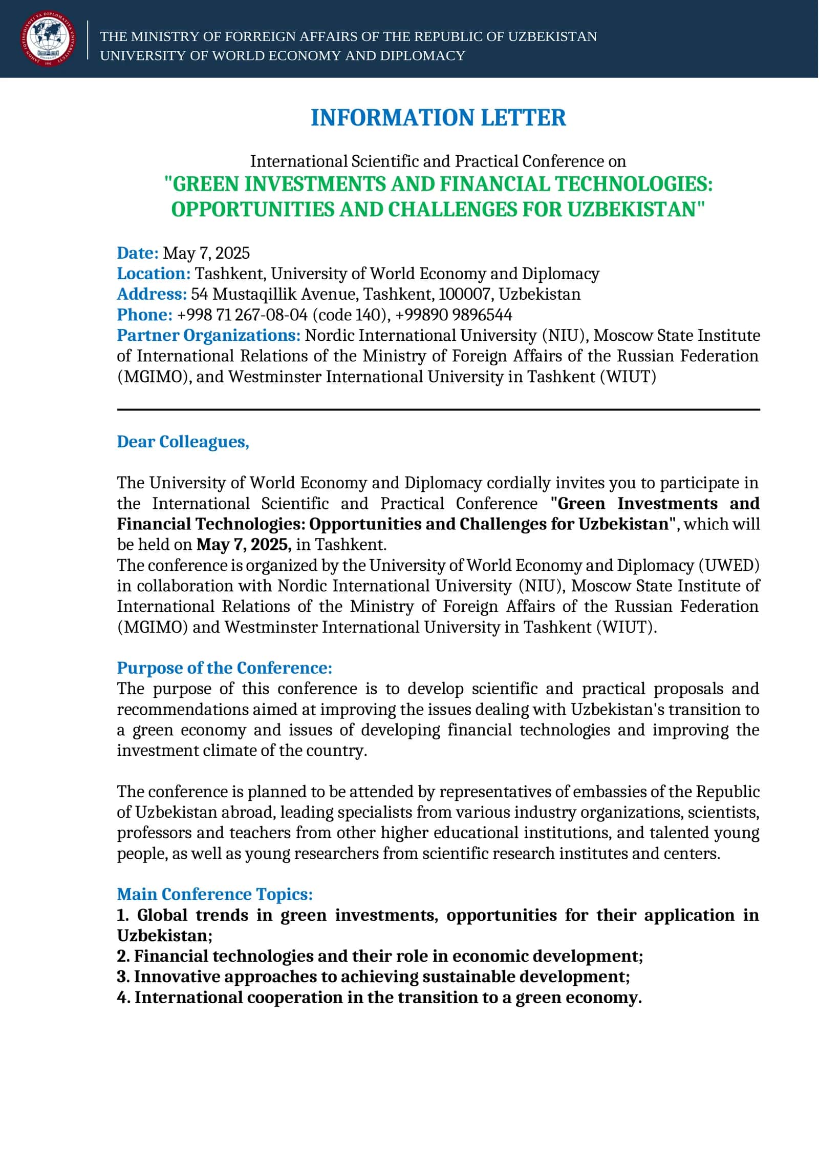 International Scientific and Practical Conference on "GREEN INVESTMENTS AND FINANCIAL TECHNOLOGIES: OPPORTUNITIES AND CHALLENGES FOR UZBEKISTAN" 1