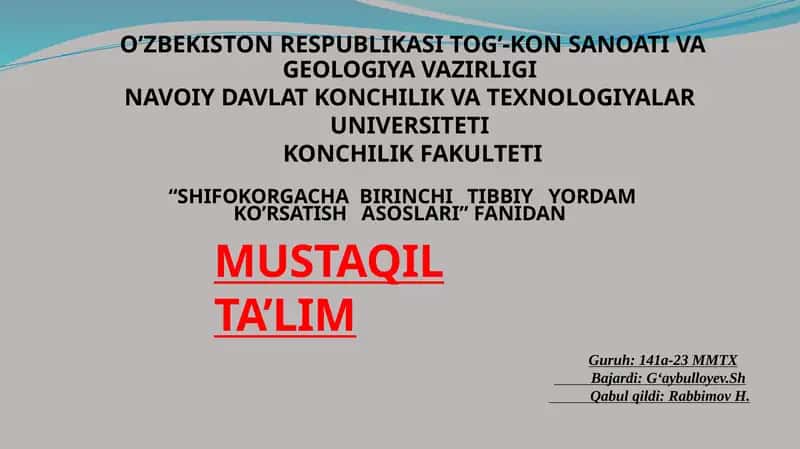 OCHIQ SINISHDA SHIFOKORGACHA BIRINCHI TIBBIY YORDAM KO’RSATISH ASOSLARI 1