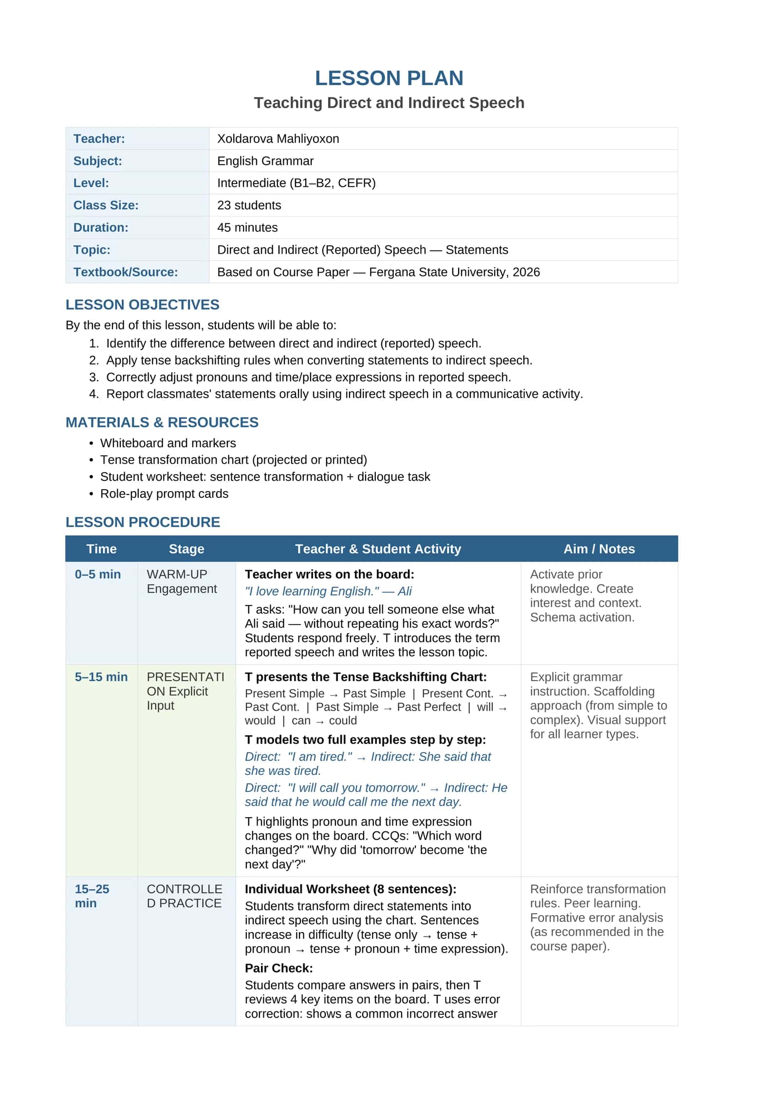 LESSON PLAN Teaching Direct and Indirect Speech 1