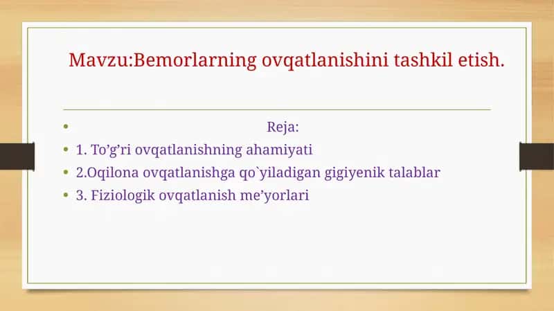 Bemorlarning ovqatlanishi va tashkilotish 1