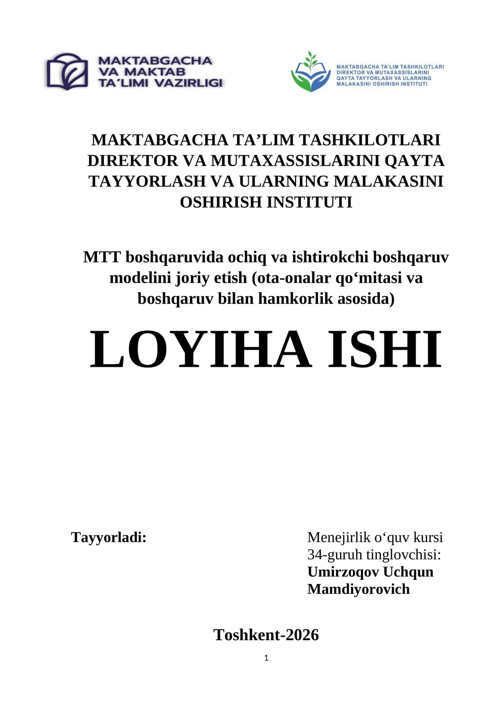 Maktabgacha ta'lim muassasasi boshqaruvi uchun loyiha 1