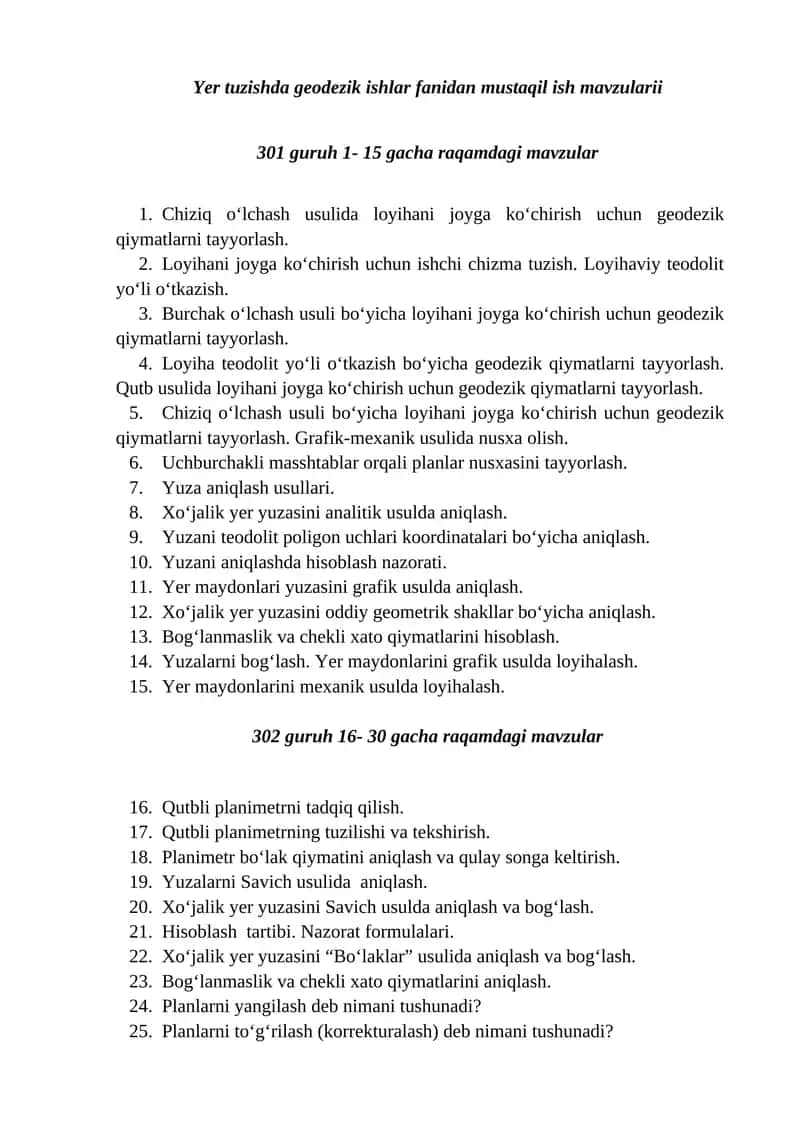 Yer tuzishda geodezik ishlar fanidan mustaqil ish mavzularii 1